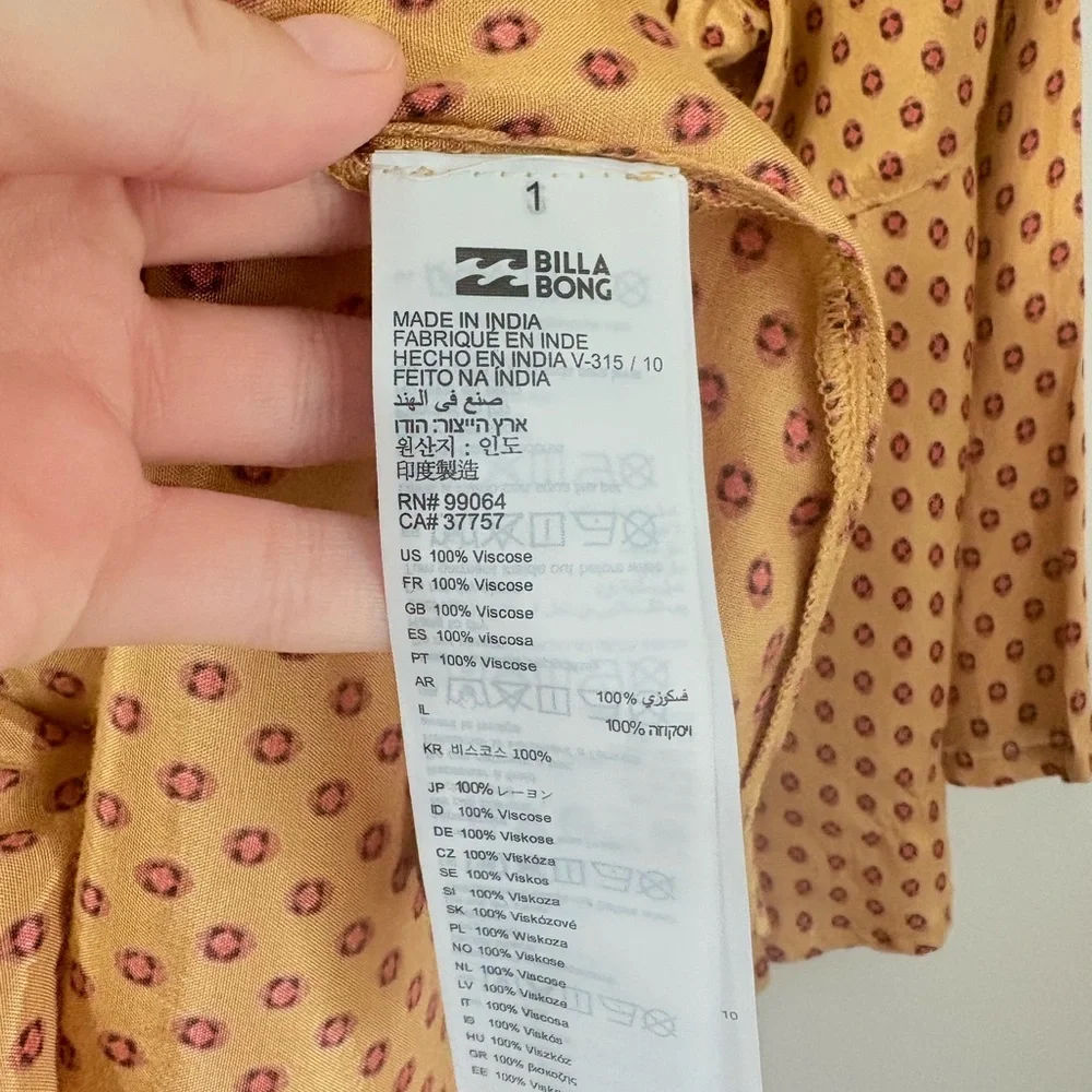 Billabong Divine Day Golden 70's Vibe Wrap Mini Dress Bell Sleeve Womens sz M - Picture 6 of 8